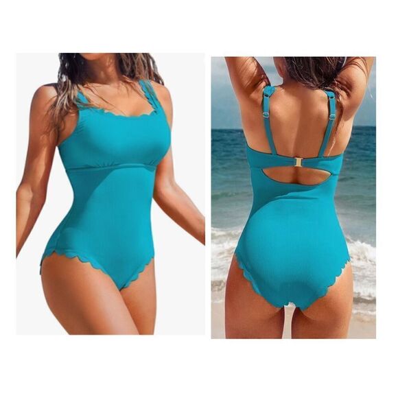 Charmo Womens Scalloped Ribbed One Piece Swimsuit - Picture 1 of 8